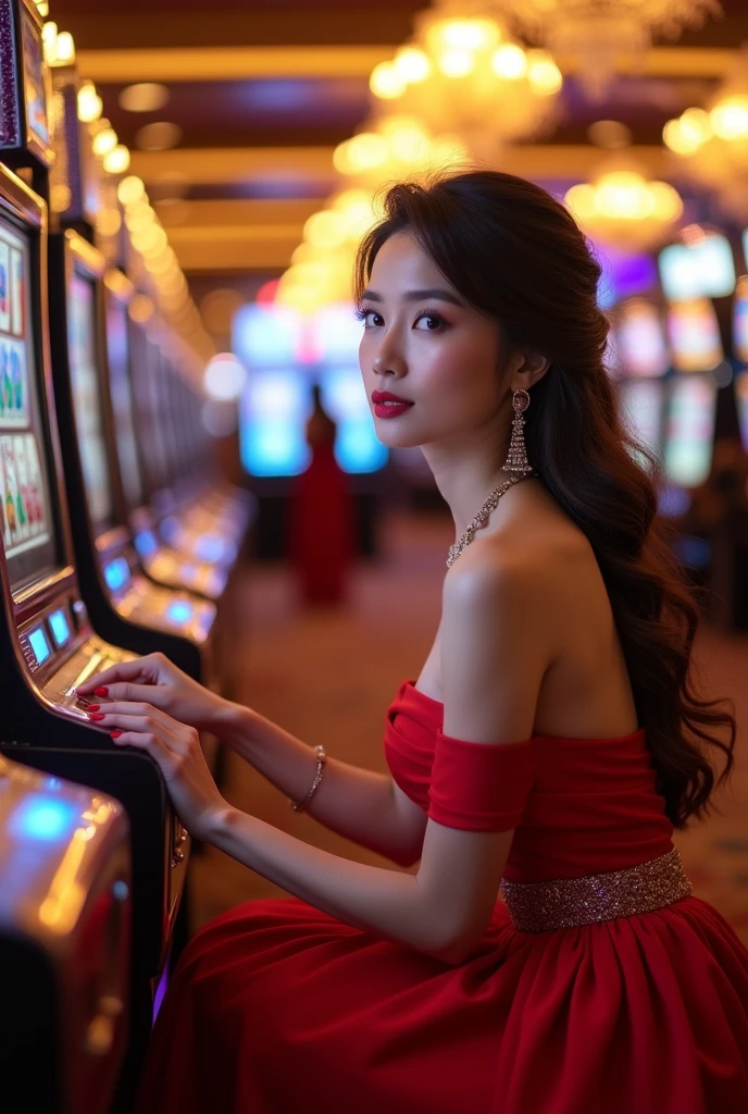 An elegant and realistic Asian woman wearing a red evening gown and playing slot machines.
