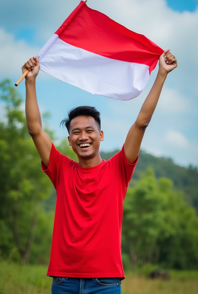 asian man, holding indonesia flag, he so proud, wearing red and white tshirt,