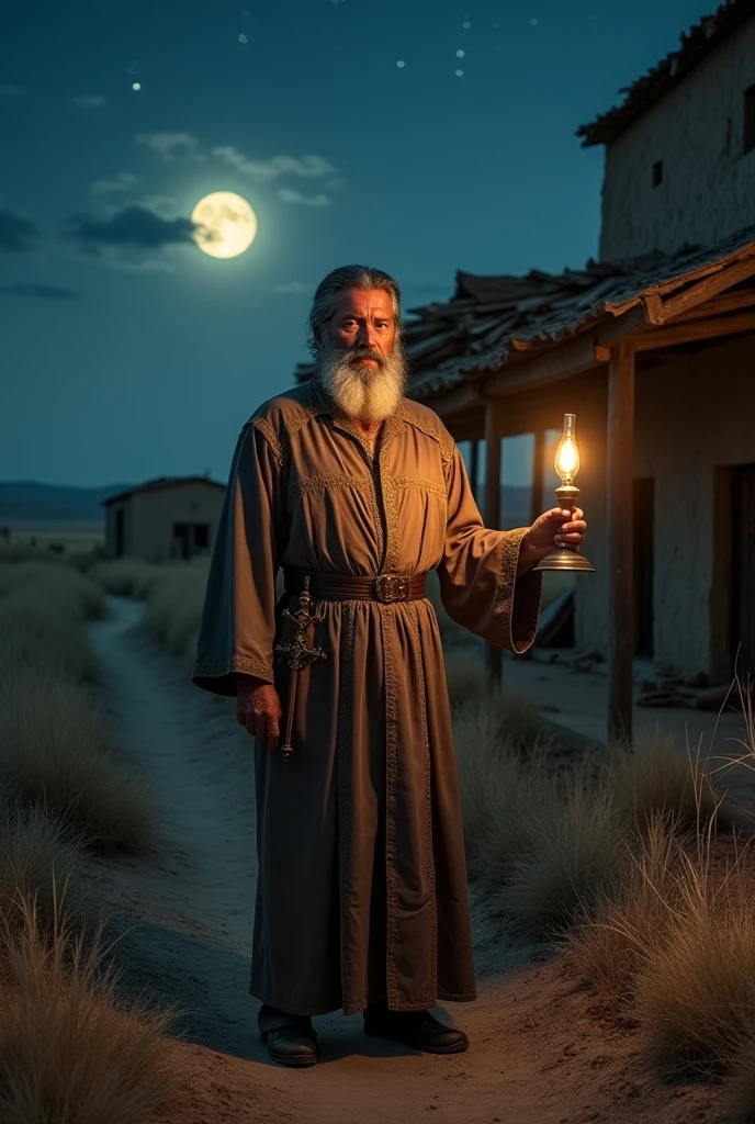 A nighttime scene in an old, abandoned ranch in the countryside, with cracked mud walls and a partially collapsed roof. En el centro de la imagen, Father Emanoel, a middle-aged man with a gray beard and a determined expression, is standing, holding a crucifix and an oil lamp. The light of the lamp softly illuminates the surrounding environment, creating an atmosphere of mystery and tension.