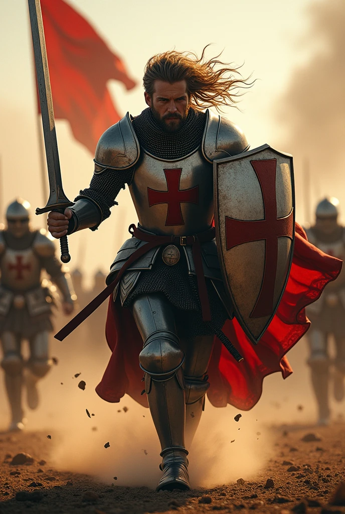 A Templar knight depicted without a helmet, shouting with bravery as he charges into battle. He is holding a sword in one hand and a shield in the other. His face shows determination and courage, with his hair flowing freely. The armor is detailed and authentic to the medieval period, and the scene captures the intensity of the moment. The background suggests a battlefield, with dramatic lighting and a sense of motion, highlighting the knight's readiness for combat.
