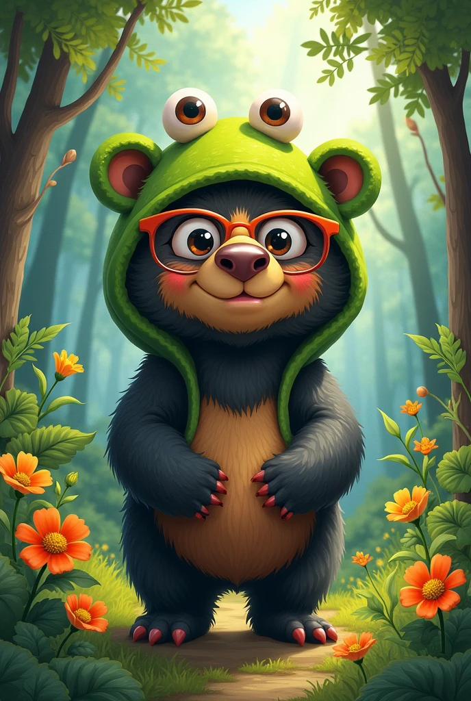 Peruvian spectacled bear wearing a frog hat