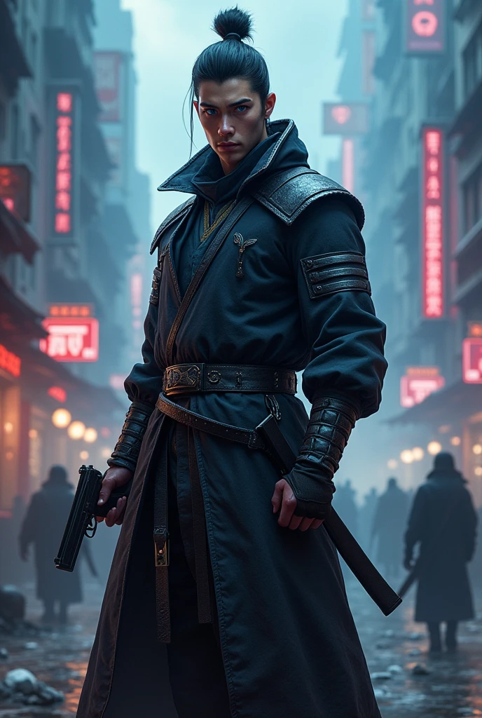 RPG, realista alien Cao Cao, 1,80 white, weighing 80 kg and thin blue eyes, with two pistols, Cao Cao