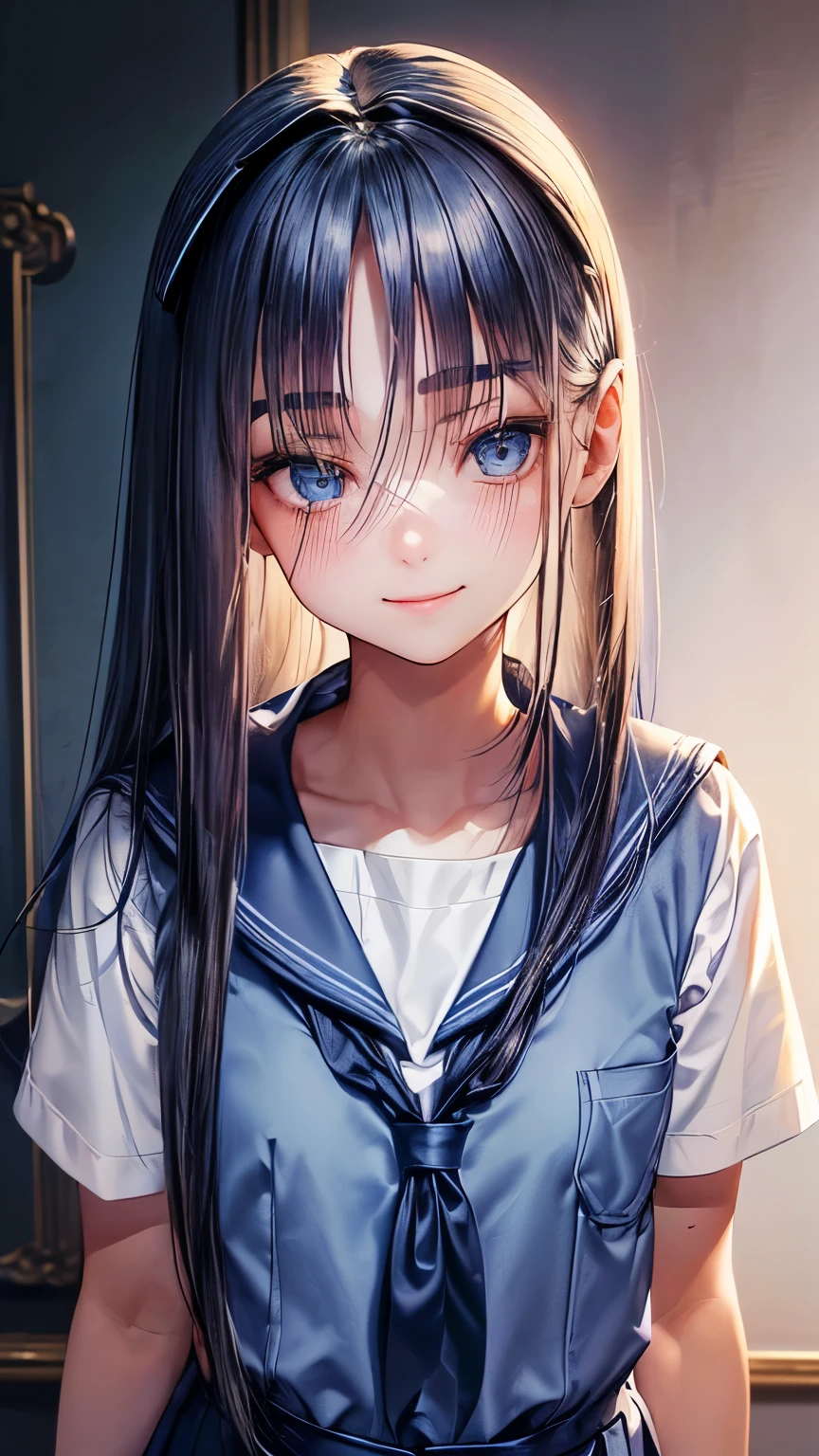 15 years old Ukrainian cute and tidy girl (( very small breast))((slender )), ((indigo straight middle length hair))((straight forelock :1.5)), ((tidy  school uniform:1.5))((calm smile)), ((droopy and round light dark blue eyes)), eyelashes, thin eyebrow, tidy and calm atmosphere, blush, seems very calm and tidy , white skin, tidy pose, (( face focus:1.3)), best quality,MSFW