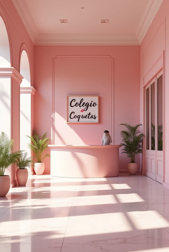 (photorealism:1.2) Empty pink girls' school entrance reception desk, pink classic or modern school building, clean in good shape, the sign "Colegio Coquetas" and the signs of many kisses 💋 on the walls, not childish drawings on the walls, no crosses anywhere, realistic, intricate details