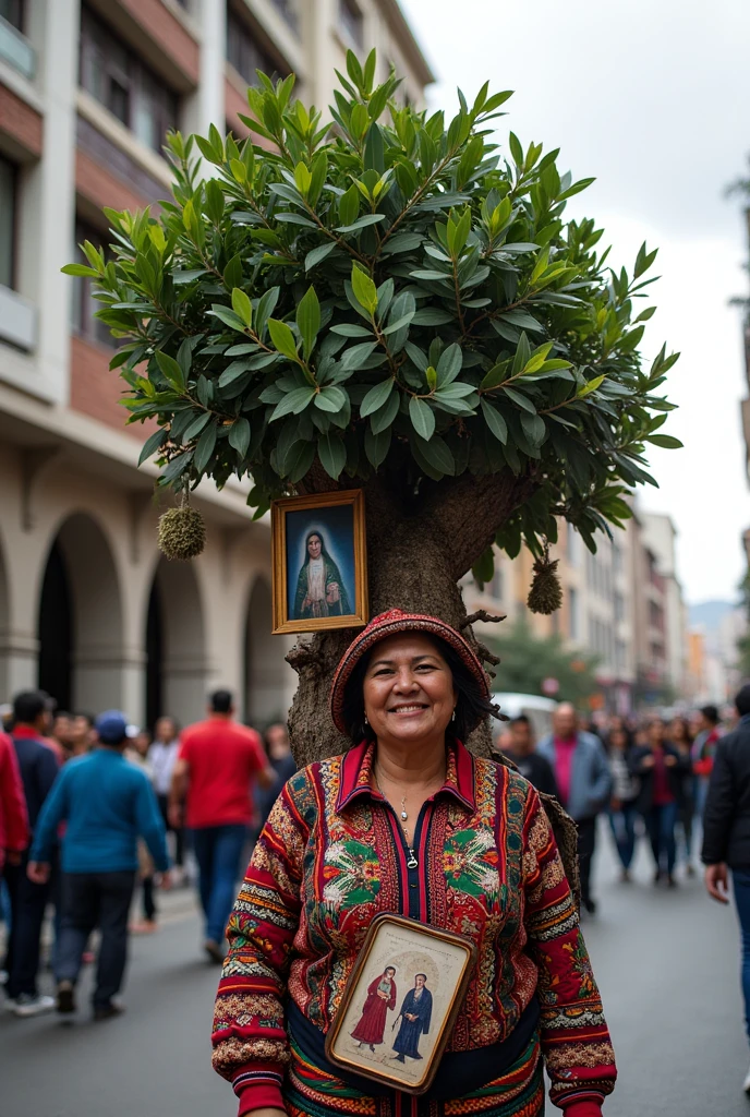 Construction of the Identity of the Andean Migrant Subject in Lima in a Ritual Performance .
En esa perfofrmance se puede ver a la migrante andina cargada  en la espalda de su Andean world de manera simbolica, for this it carries a lush eucalyptus tree in which you can see typical details of the Peruvian highlands, as if saints, photographs of Andean people and other aspects that enrich that.Andean world