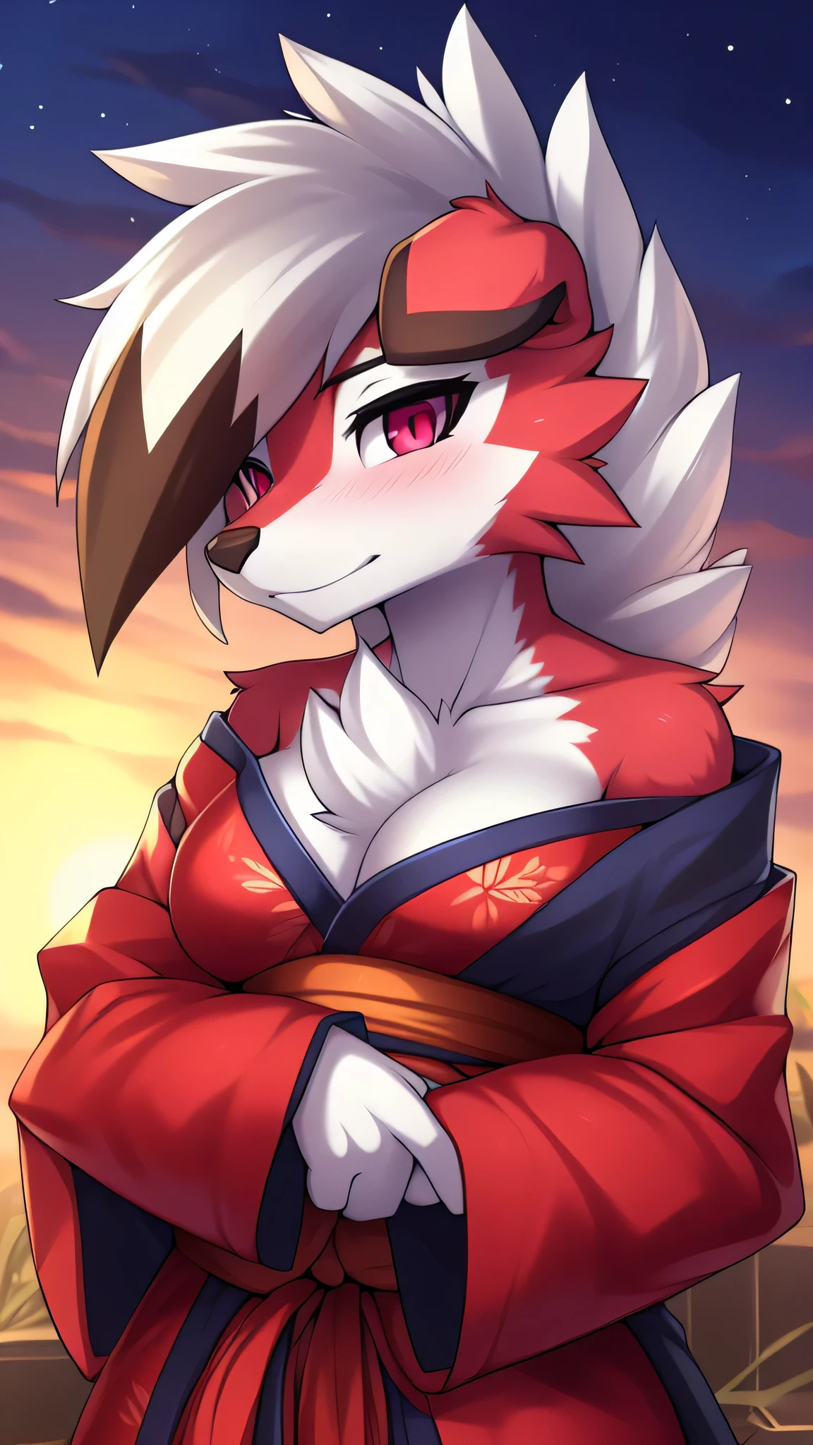 By zinfyu,by twistedscarlet60, uploaded on pixiv, by fluff-kevlar, (masterpiece), (best quality), (solo female:1.2), (extremely detailed:1.3),(detailed eye,black circle on eye,pink eye), lycanroc midnight, view on viewer, close view, shy face, half body on potrait, only body and head, close view,kimono, long kimono,red kimono, blushing,medium Breast, Bare shoulder,  (tail:1.1), closeup photo of lycanroc, seductively worth it (closeup face)