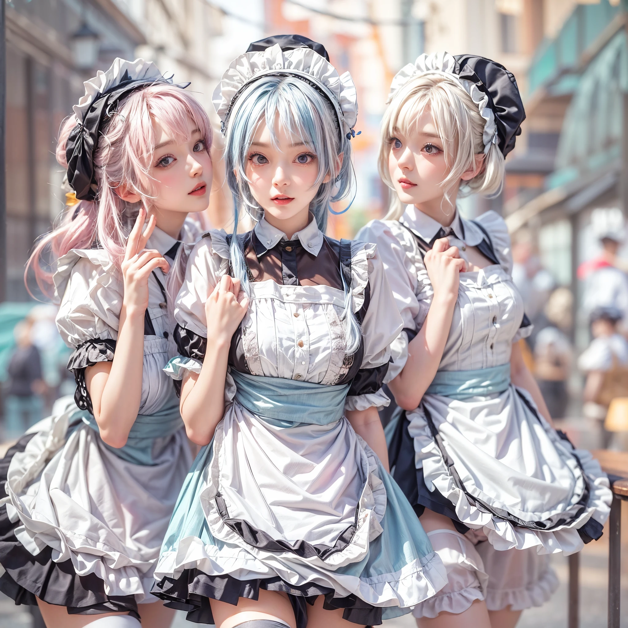 (Full Body of Extremely Detailed((Kawaii Maid Group in a row:1.37))), Childish perfect face, Reflective Eyes, Detailed(Delicate Clothing textures), Correct Leg Line, Dynamic Joyful Expressions LifeLike Rendering, Specular Reflection, TopQuality 8K Ultra-detailed masterpiece (ProfessionalPhoto:1.37), (Acutance:0.8), (Luminism:1.28), (Renaissance art style), Colorful Light particles, ((Full body from side)), {MicroMini(SkirtLift)|Kissing|Breast Lifting|??????????|Thigh Gap}, Radiant Fine Skin with Transparency, (Exposed:0.5), (Different types of Anime hair color){Pink Hair|Light Blue Hair|Pure White Hair}, Perfect Lighting 
