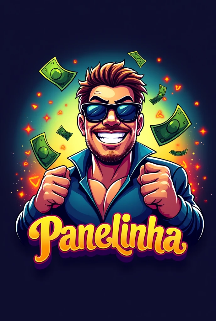 Logo for a gaming profile, Donald Panela character with the name Panelinha highlighted, with lots of dollar bills flying around