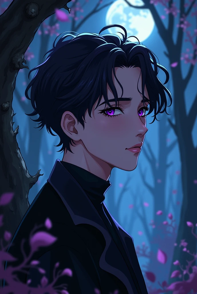 Boy with short black hair and purple highlights, black eyes and white skin, that their facial features are a little strong, is a vampire, so he loves the forest. He's an adult now, that their face is well detailed.
Let it be in 2d or anime