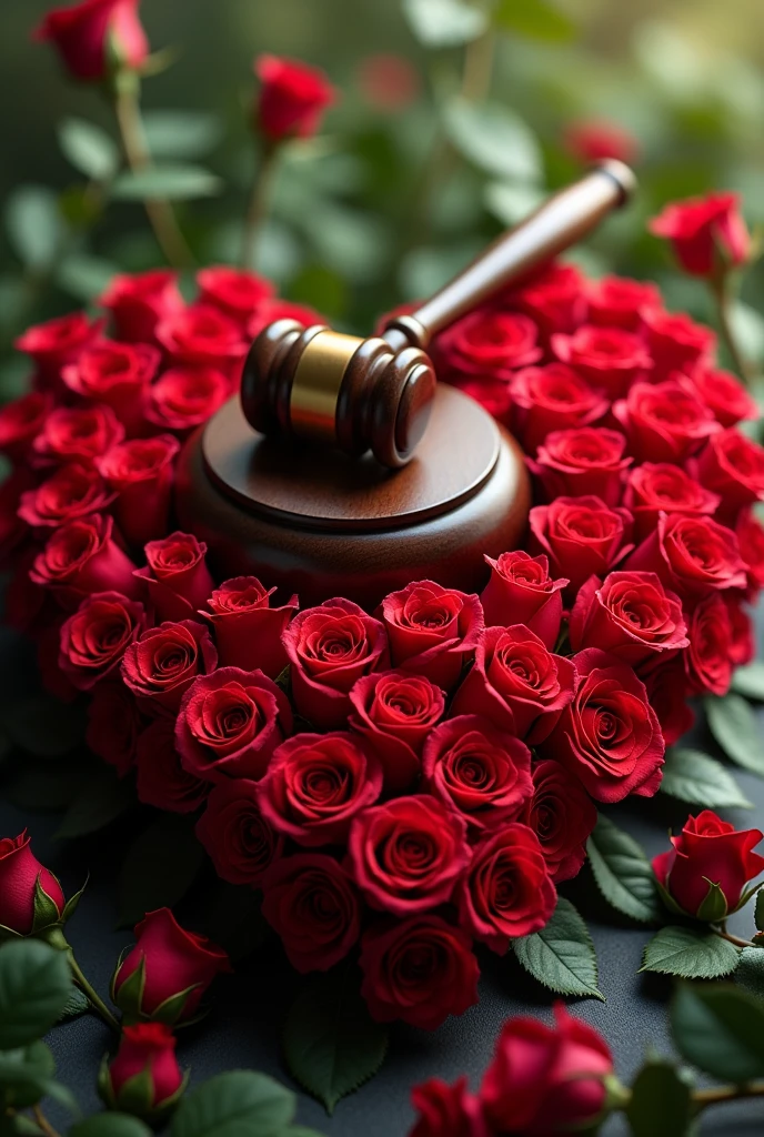 A heart made of red roses and it bears a judge's hammer on top