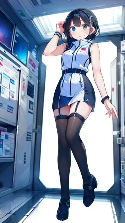 (Highest quality), (masterpiece), 1080P, High resolution, 4K, 8k, Inside the space station、Futuristic room、Thigh straps, Shooting from directly below, The woman on top of me, 白いSweat, Covered , Sweat, Woman looking down, Skirt swimsuit, Thigh-high socks, To achieve this, , , whole body, Black leather shoes, Braided hair, Inner Color, Embarrassed face, Short black hair, bracelet, Bedroom,celestial body_Vest