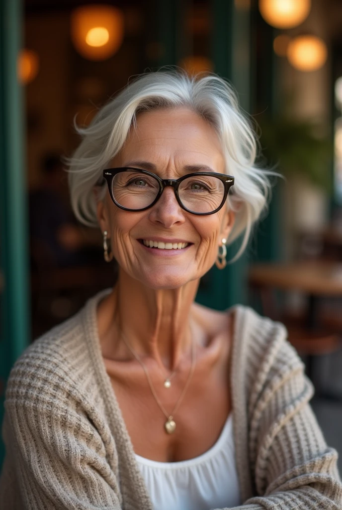 Photo of a mature Italian woman, busty, curvy, glasses, 45 years old, ultra detailed skin details