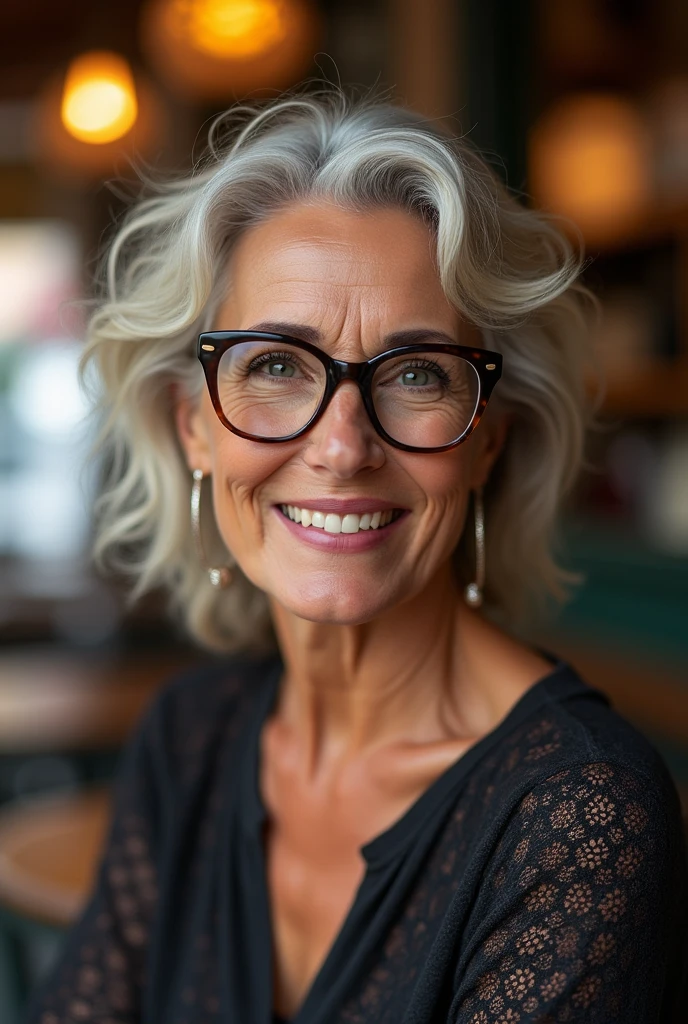 Photo of a mature Italian woman, busty, curvy, glasses, 45 years old, ultra detailed skin details