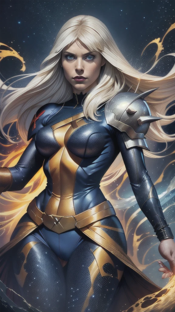 Magik of X-men, Illyana Rasputin with long white hair, piercing blue eyes, wearing a low cut dark blue uniform with gold trim, holding a glowing magical sword, floating in a mystical realm with swirling energy, (best quality,8k,highres,masterpiece:1.2),ultra-detailed,realistic,photorealistic,photo-realistic:1.37,concept art,dark fantasy,digital painting,dramatic lighting,cinematic,intricate details,ethereal,otherworldly atmosphere