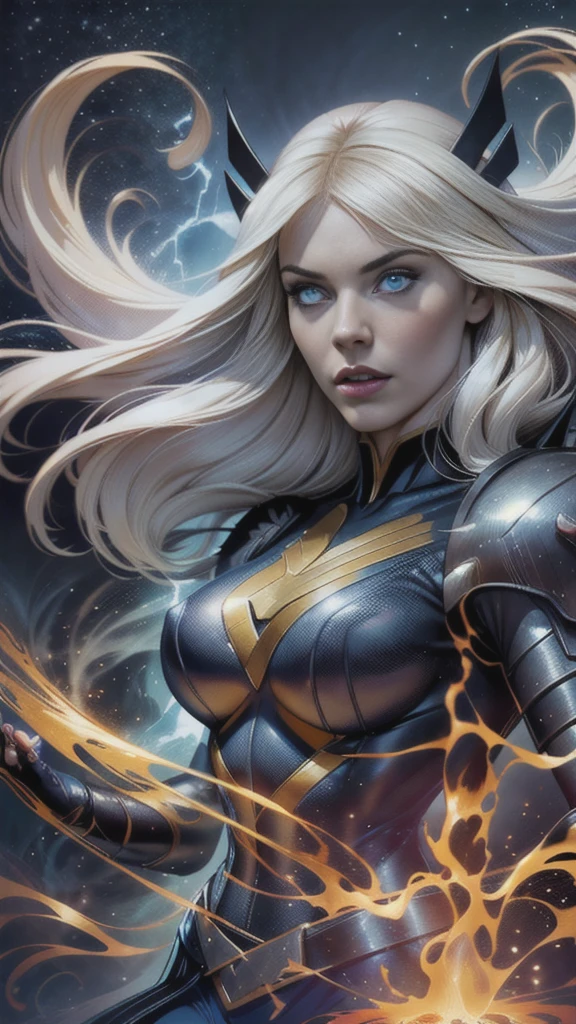 Magik of X-men, Illyana Rasputin with long white hair, piercing blue eyes, wearing a low cut dark blue uniform with gold trim, holding a glowing magical sword, floating in a mystical realm with swirling energy, (best quality,8k,highres,masterpiece:1.2),ultra-detailed,realistic,photorealistic,photo-realistic:1.37,concept art,dark fantasy,digital painting,dramatic lighting,cinematic,intricate details,ethereal,otherworldly atmosphere