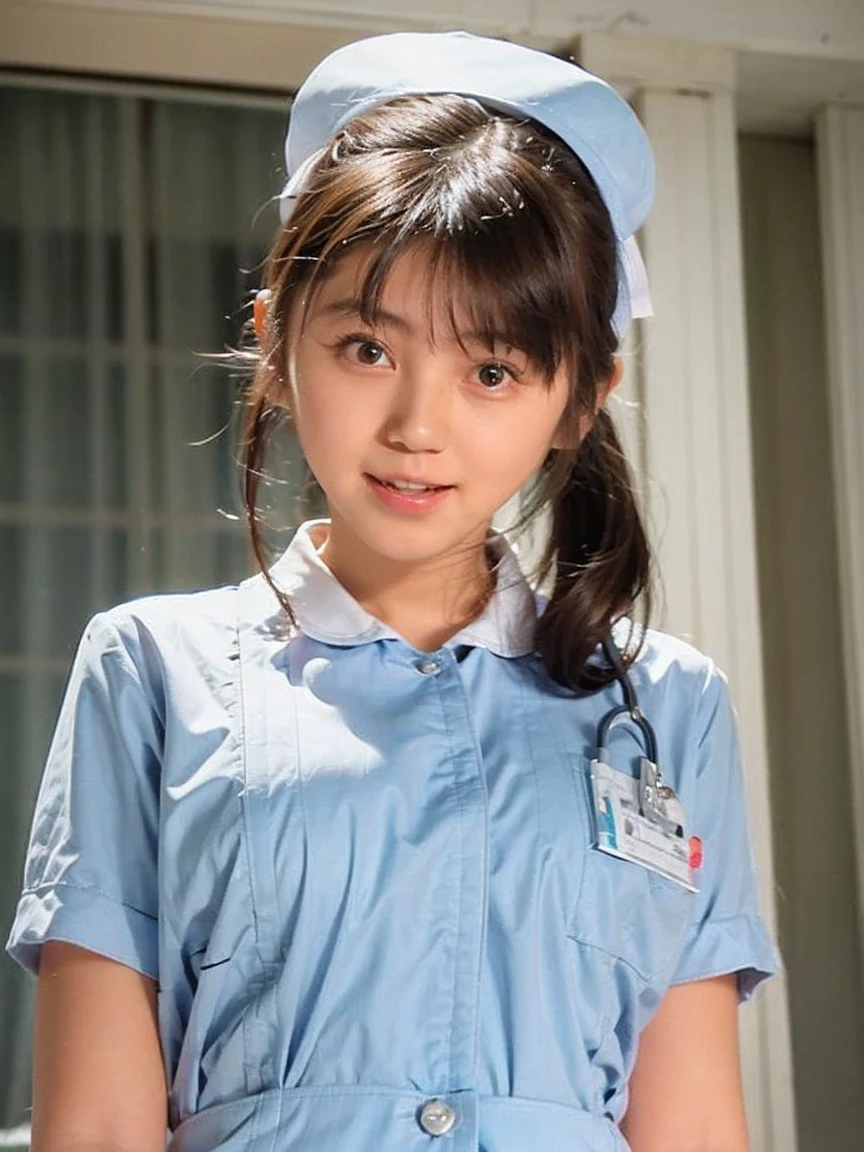 woman, alone, (Wearing white nurse clothes:1.2), bangs, Black Hair, Low ponytail, nurse, Perfect Anatomy, nurse uniform, (Nurse cap), (White costume), Long skirt, hospital, Face close-up, 