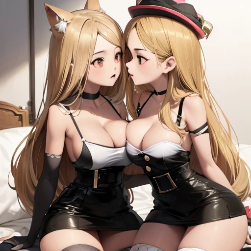 ((having hot lesbian sex in the bedroom. They are kissing, fondling, licking and with so much passion, these brunettes are so damn hot.)),thicc,(masterpiece, best quality:1.4), absurdres, highres, ultra detailed, beautiful, (secretary), (perfect face, detailed face, beautiful:1.3),(natural breasts, cleavage), collarbone, fingerless gloves, gloves,spaghetti strap top, black pencil skirt, tight, over the knee skirt, hat, elegant secretary outfit, thighhighs, thick thighs, thighs, multiple belts, More detailed 8K.motor irreal:1.4,UHD,La mejor calidad:1.4, fotorrealista:1.4, textura de la piel:1.4, obra maestra:1.8,obra-prima, mejor calidad,objeto Objeto], (detailed face features:1.3),(manos detailed)
