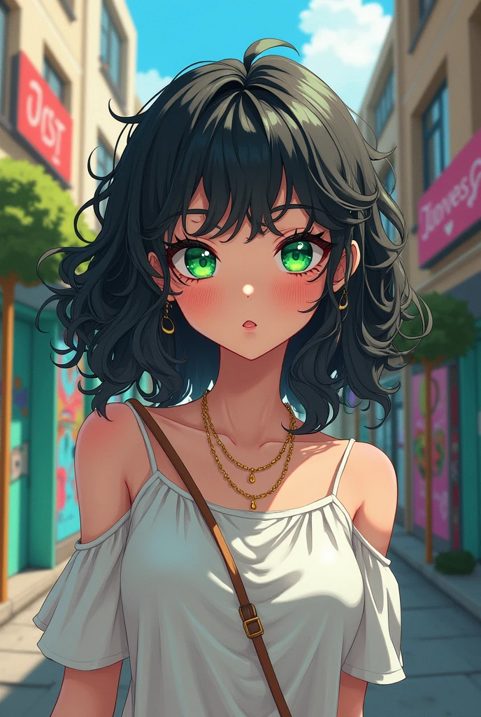 White anime-style girl with curly black hair and green eyes