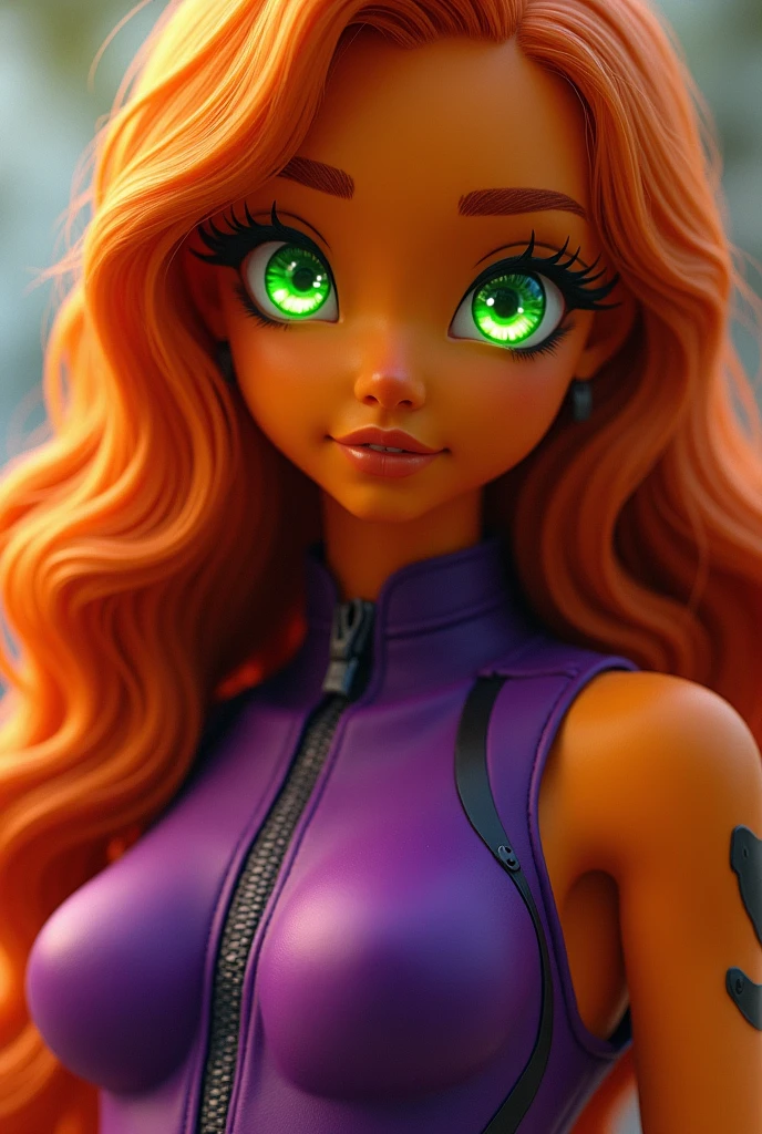 An orange skinned girl, wearing a purple sleeveless power suit. Her eyeballs are bright green, glowing and without pupils inside. She has orange long and wavy hair, an hairbang and she is busty. RAW photo. Beautiful detailed face
