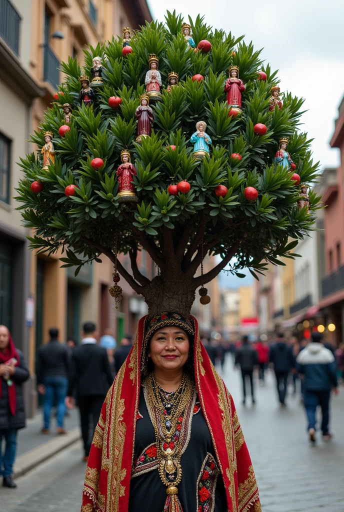 Construction of the Identity of the Andean Migrant Subject in Lima in a Ritual Performance .
En esa perfofrmance se puede ver a la migrante andina cargada en la espalda de su Andean world de manera simbolica, for this it carries a lush eucalyptus tree in which you can see typical details of the Peruvian highlands, as if saints, photographs of Andean people and other aspects that enrich that.Andean world