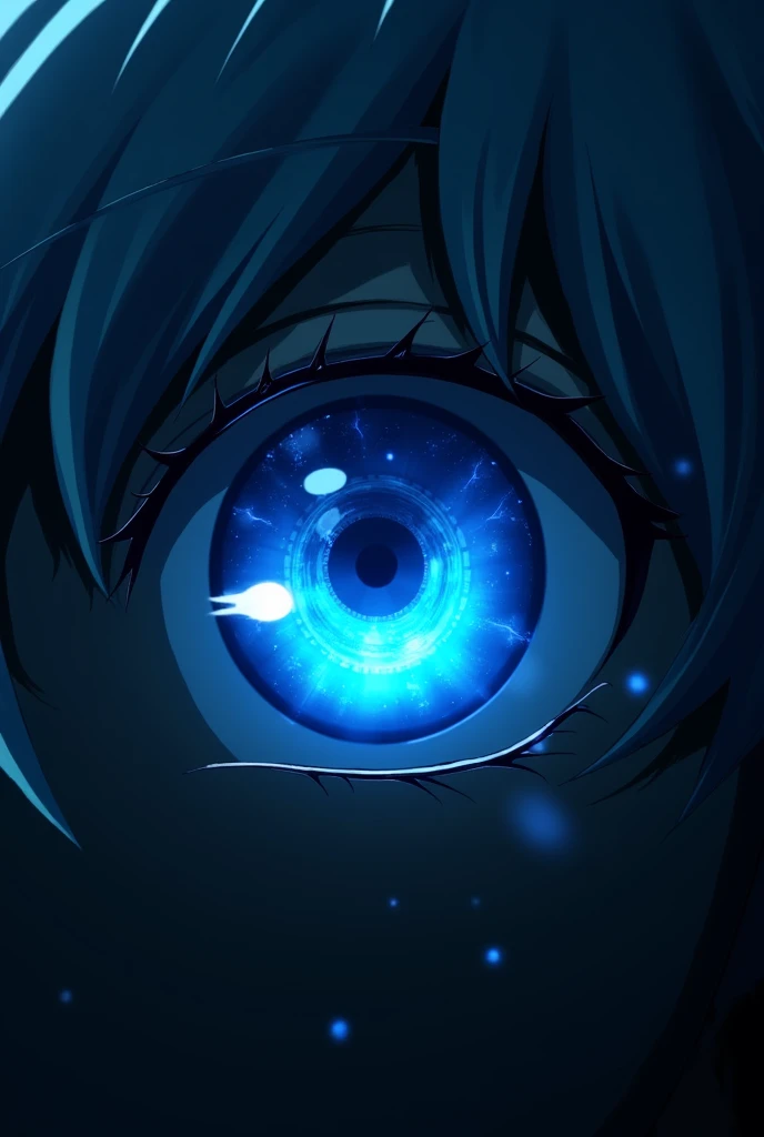 Create a high resolution wallpaper with gojo satorus eye on the black background. The eye should have neon blue glow