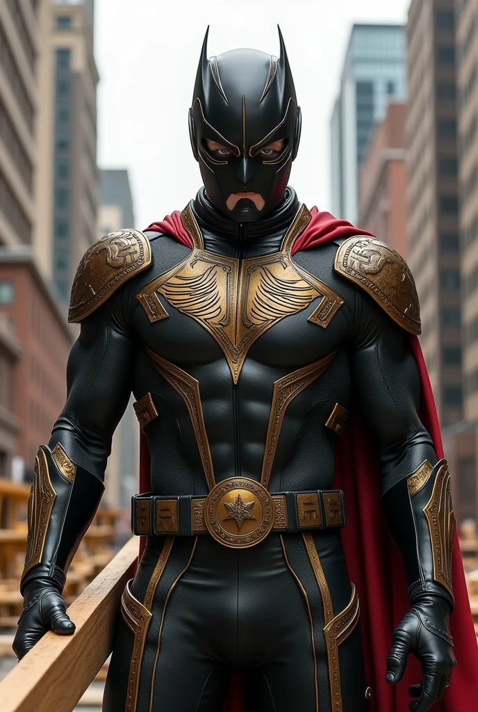 Superhero costume that has to do with cobra cai falcon and has references to carpentry tables that it is noticeable that it has to do with boards and that has a board in hand