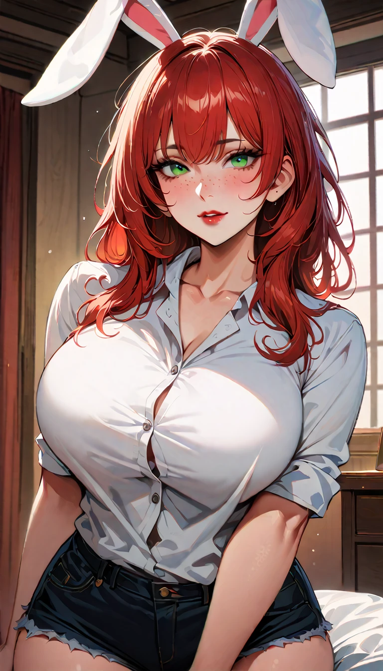 (high quality, 8k, 4K, high contrast, artwork:1.2, high quality, best aesthetics), (centered), ((1 woman)), erotic, sensual, mature body, grown woman, super detailed, beautiful face detailed, beautiful eyes detailed, detailed beautiful mouth, (long wavy red hair), (green eyes), (freckles), (red eyeshadow), (black eyeliner), (red lipstick), (blushing), (calm expression), (pair of white bunny ears), (simple white shirt), (black denim shorts), (inside a bedroom), (standing), (straight posture), (front view of woman), (big breasts), (wide thighs)