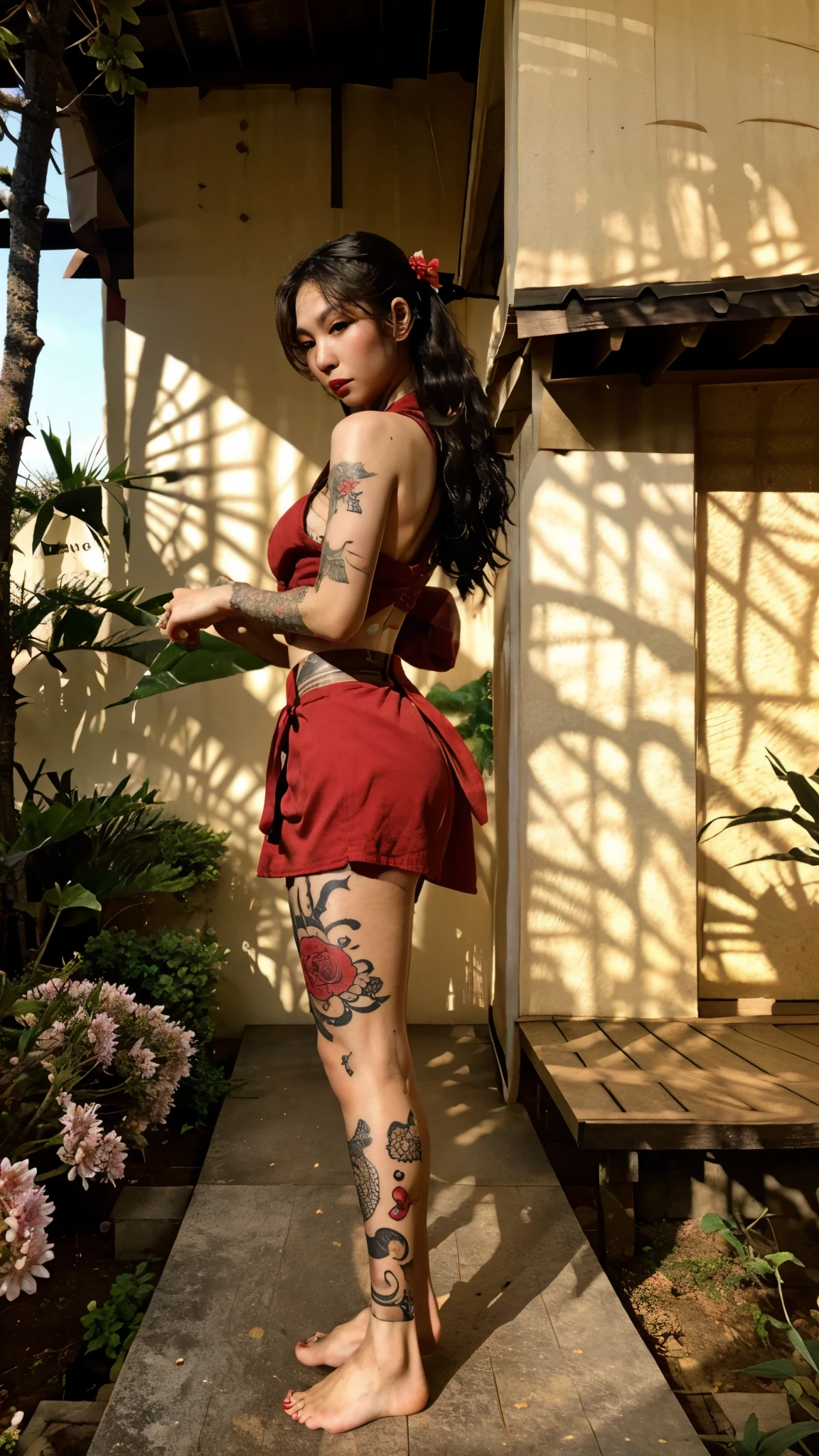 ((cheerful ((elderly ((Malaysian)) grandmother)) sitting poolside while knitting, (wearing detailed 🇲🇾 sheer swimsuit), (wearing dragon necklace), (cannabis and flower tattoos on arms and legs), legs spread apart, high quality photo, sitting quietly poolside (with overgrown cannabis sativa plants surrounding pool during foggy sunrise)