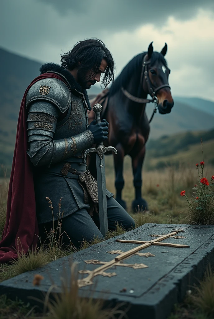 kneeling man holding sword near horse, medieval dark fantasy, medieval holy knight crusader, holy knight crusader of the middle ages, holy crusader of the middle ages, arthur tarnowski, vikings and templars aesthetics, adam marczynski, still from fantasy movie, holy medieval crusader, holy sword in hands, medieval fantasy, fantasy middle ages, sad crusader, prayer at the grave.