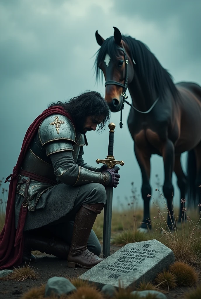 kneeling man holding sword near horse, medieval dark fantasy, medieval holy knight crusader, holy knight crusader of the middle ages, holy crusader of the middle ages, arthur tarnowski, vikings and templars aesthetics, adam marczynski, still from fantasy movie, holy medieval crusader, holy sword in hands, medieval fantasy, fantasy middle ages, sad crusader, prayer at the grave.