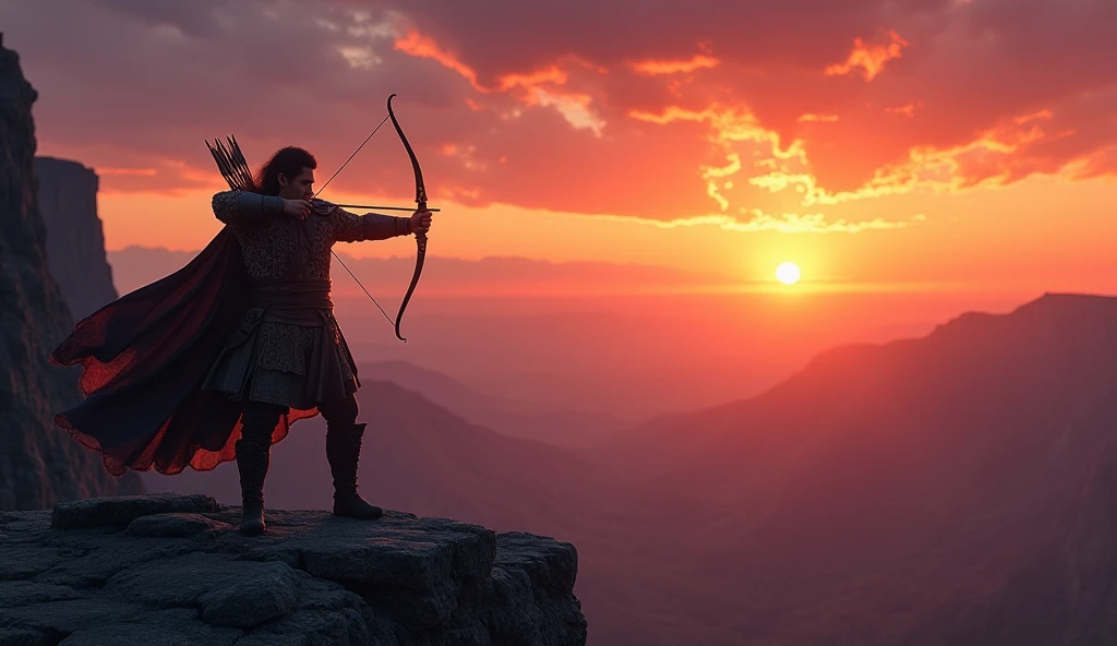 A dramatic sunset over a vast landscape with a lone archer standing on a cliff, bow drawn, gazing toward the horizon. The sky is a gradient of orange and purple, conveying a sense of anticipation and adventure. --ar 16:9