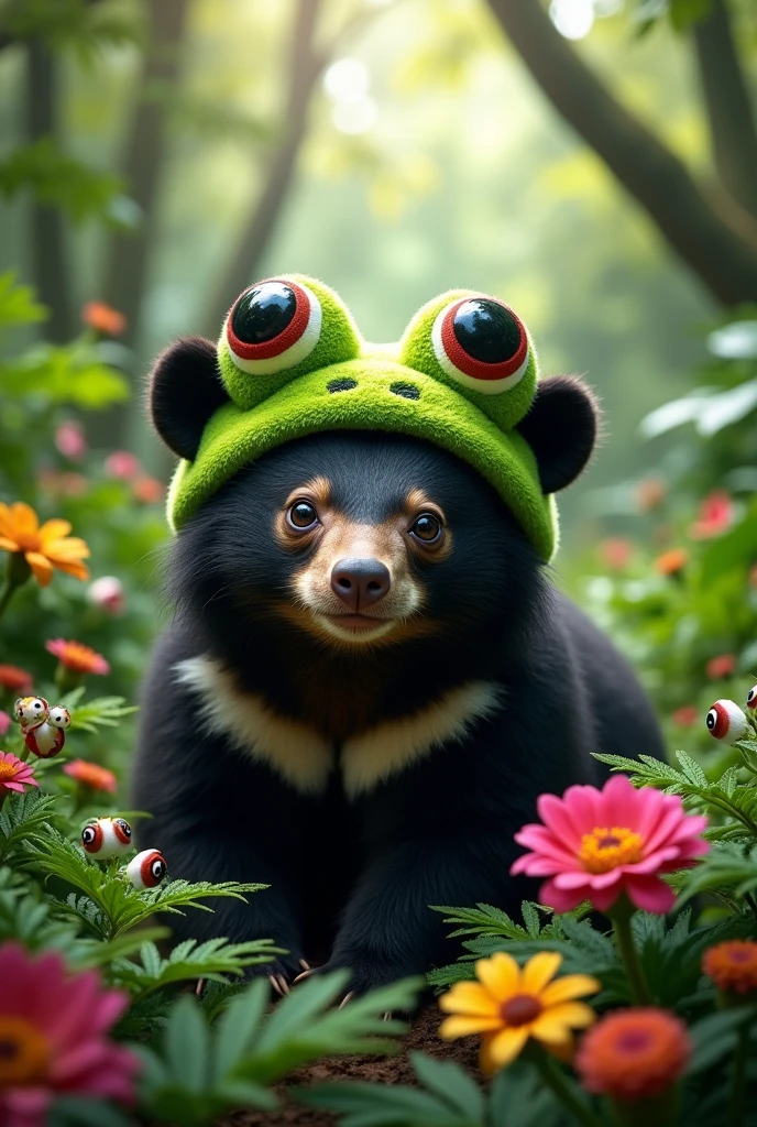 Peruvian spectacled bear wearing a frog hat
