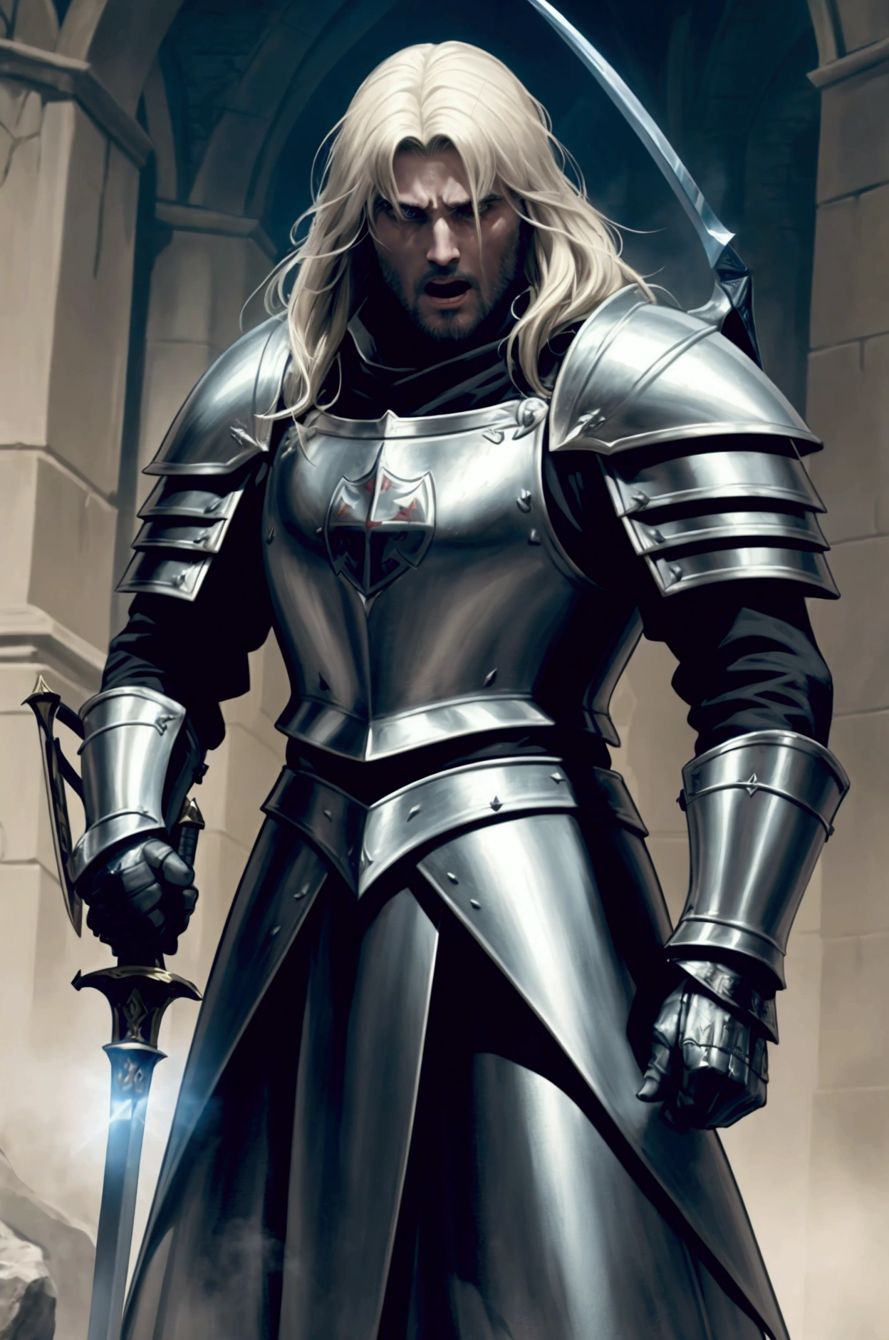 A Templar knight depicted without a helmet, shouting with bravery as he charges into battle. He is holding a sword in one hand and a shield in the other. His face shows determination and courage, with his hair flowing freely. The armor is detailed and authentic to the medieval period, and the scene captures the intensity of the moment. The background suggests a battlefield, with dramatic lighting and a sense of motion, highlighting the knight's readiness for combat.
