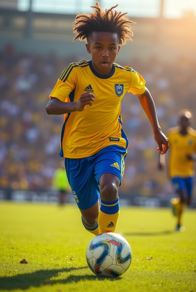 Make a 19-year-old teenager, dark skin, of curly hair, playing ball, he has to be focused on the football game with the yellow and blue shirt