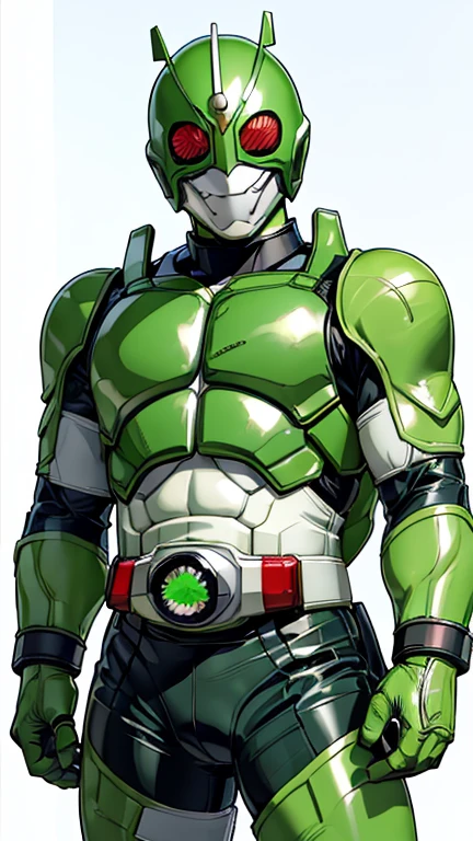 (8k),(masterpiece),(Japanese),(8-year-old boy),((innocent look)),((Childish)),From the front,smile,cute,Innocent,Kind eyes,Flat chest,green helmet,green domino mask, white mask, shrex, bald,no Hair,cyberpunk Tokyo City,Kamen rider, 