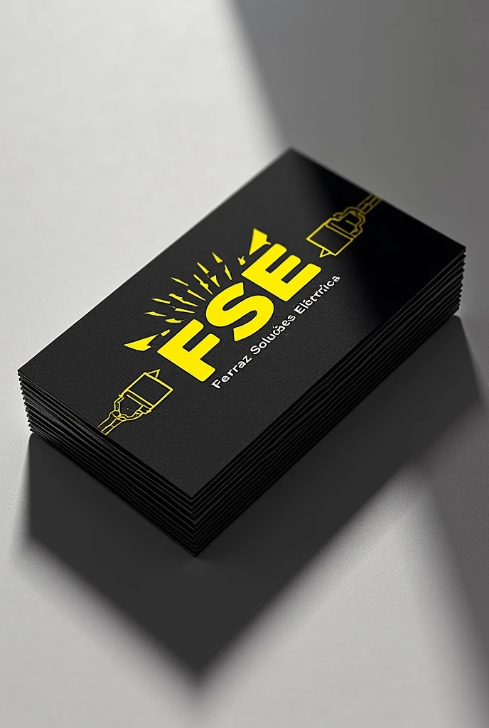 A business card for an electrical solutions company called Ferraz Soluções Elétricas, with the initials FSE, with black colors, Yellow and White, with elements of lightning and lamps and cables 

