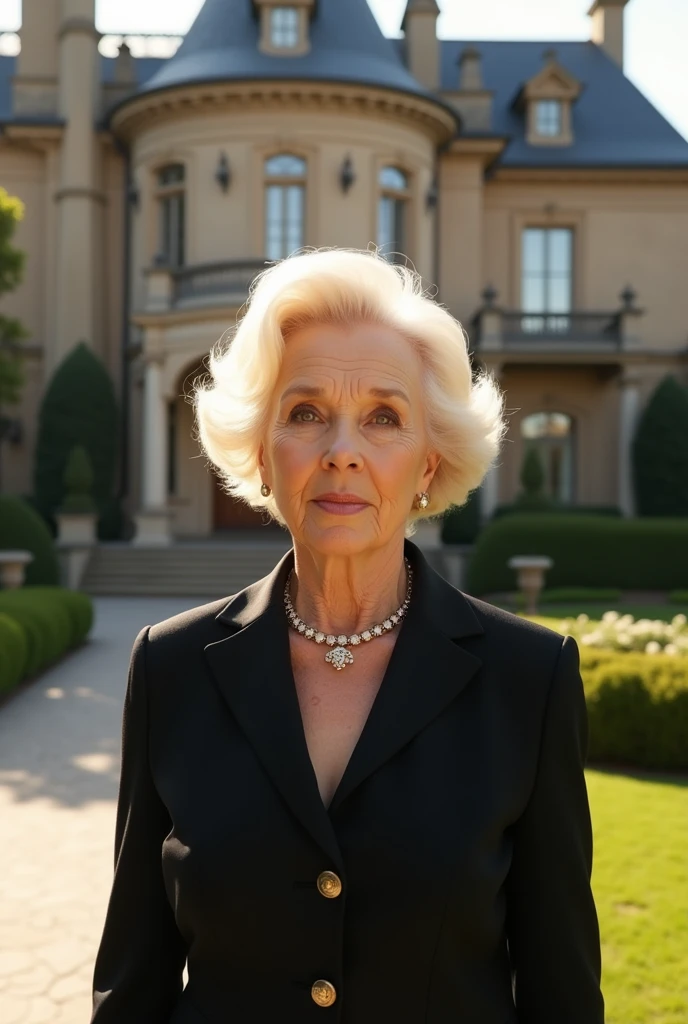 I want a realistic image of a stylish older woman. She is 60 years old with well-maintained blonde Chanel hair and a wrinkled face. She is standing in front of a luxurious mansion.