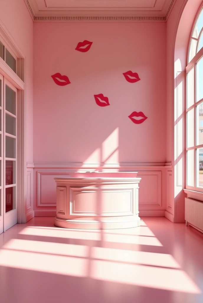 (photorealism:1.2)  Empty pink girls' school entrance reception desk, pink classic or modern school building, clean in good shape, the sign "Colegio Coquetas" and the signs of many kisses 💋 on the walls, not childish drawings on the walls, no crosses anywhere, realistic, intricate details