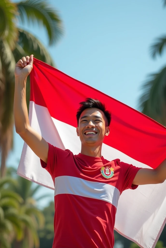 asian man, holding indonesia flag, he so proud,  wearing red and white tshirt, 
