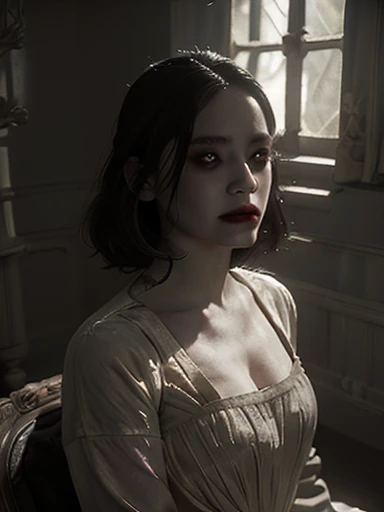 full body masterpiece, ultra realistic, 16k, high quality, incredibly detailed, dream aesthetic, dream atmosphere, cinematic, (sharp focus : 1.5), (photorealistic : 1.3) , a hyperrealistic image of a young, very pale woman with long black hair and black eyes, with a beautiful face, wearing a white dress. She appears very sad and is looking out of an old, antique window. The scene should have a horror and gothic atmosphere similar to the style of the manga Berserk, with dramatic lighting and intricate details in both the woman and the surroundings. The window should have a gothic design, with shadows and light playing off her expression to enhance the mood of melancholy and mystery.