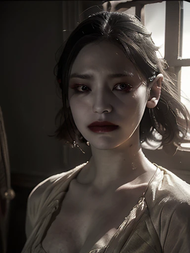 full body masterpiece, ultra realistic, 16k, high quality, incredibly detailed, dream aesthetic, dream atmosphere, cinematic, (sharp focus : 1.5), (photorealistic : 1.3) , a hyperrealistic image of a young, very pale woman with long black hair and black eyes, with a beautiful face, wearing a white dress. She appears very sad and is looking out of an old, antique window. The scene should have a horror and gothic atmosphere similar to the style of the manga Berserk, with dramatic lighting and intricate details in both the woman and the surroundings. The window should have a gothic design, with shadows and light playing off her expression to enhance the mood of melancholy and mystery.