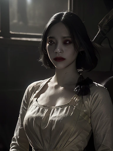 full body masterpiece, ultra realistic, 16k, high quality, incredibly detailed, dream aesthetic, dream atmosphere, cinematic, (sharp focus : 1.5), (photorealistic : 1.3) , a hyperrealistic image of a young, very pale woman with long black hair and black eyes, with a beautiful face, wearing a white dress. She appears very sad and is looking out of an old, antique window. The scene should have a horror and gothic atmosphere similar to the style of the manga Berserk, with dramatic lighting and intricate details in both the woman and the surroundings. The window should have a gothic design, with shadows and light playing off her expression to enhance the mood of melancholy and mystery.