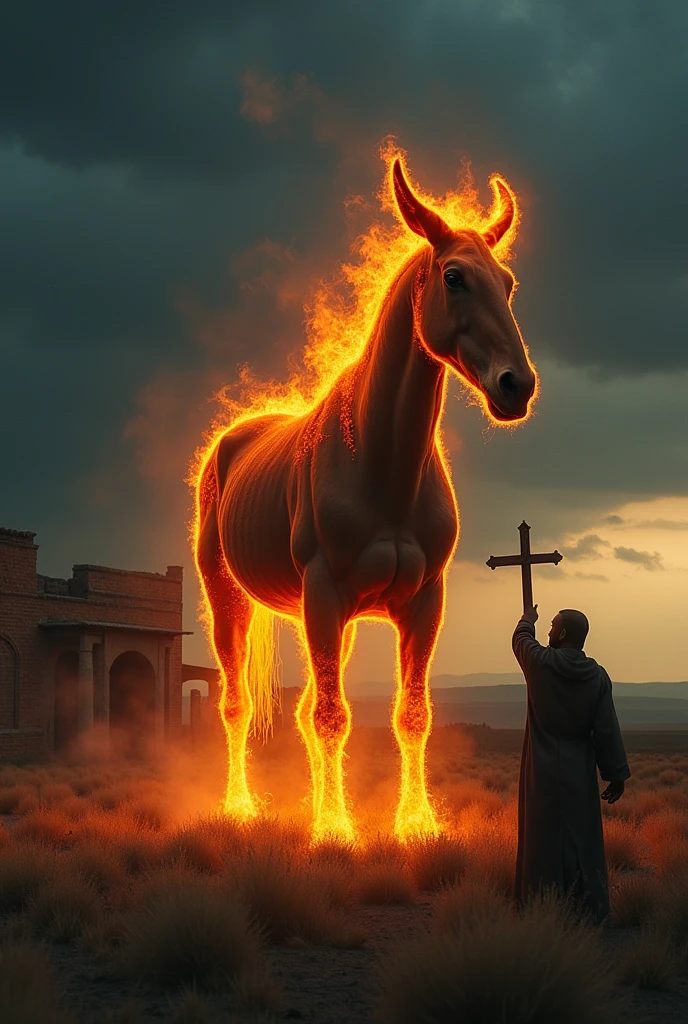 In the middle of the field, under the dark, starless sky, The headless mule, wrapped in orange flames, emerges from the darkness. The creature, imposing and terrifying, has no head, but it is in a menacing pose, with hooves raised and flames coming from its body. Ao fundo, the old ranch is partially visible, wrapped in darkness, while Father Emanoel, small in comparison, raises the crucifix against the creature.