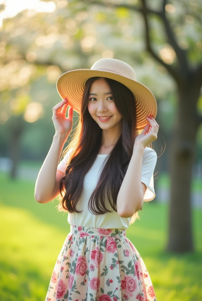 A beautiful tall ,slim and smart korean girl , have beautiful eyes, long brown hair, wearing knee length flowery skirt , and a beautiful hat on head standing in a natural park posing , smiling and holding her hat with noth hands.