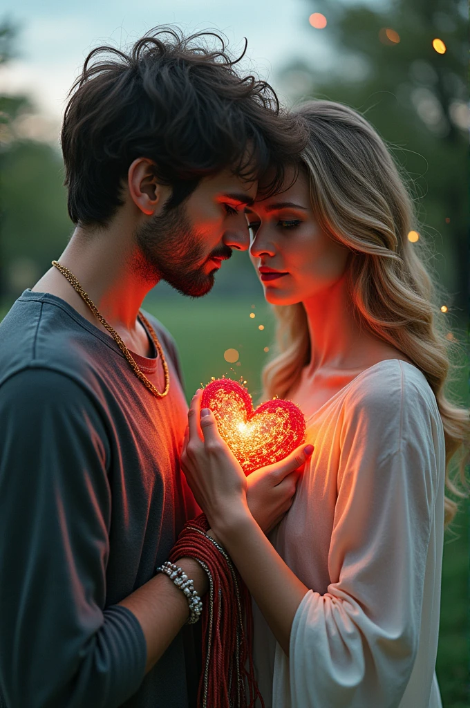 Create two images in one photo: Of a man manipulated by a narcissistic woman. And of a woman deceived by a narcissistic man. Both must demonstrate desperation to free their broken and suffering hearts from the manipulation with threads of each other.. No dark images. 
