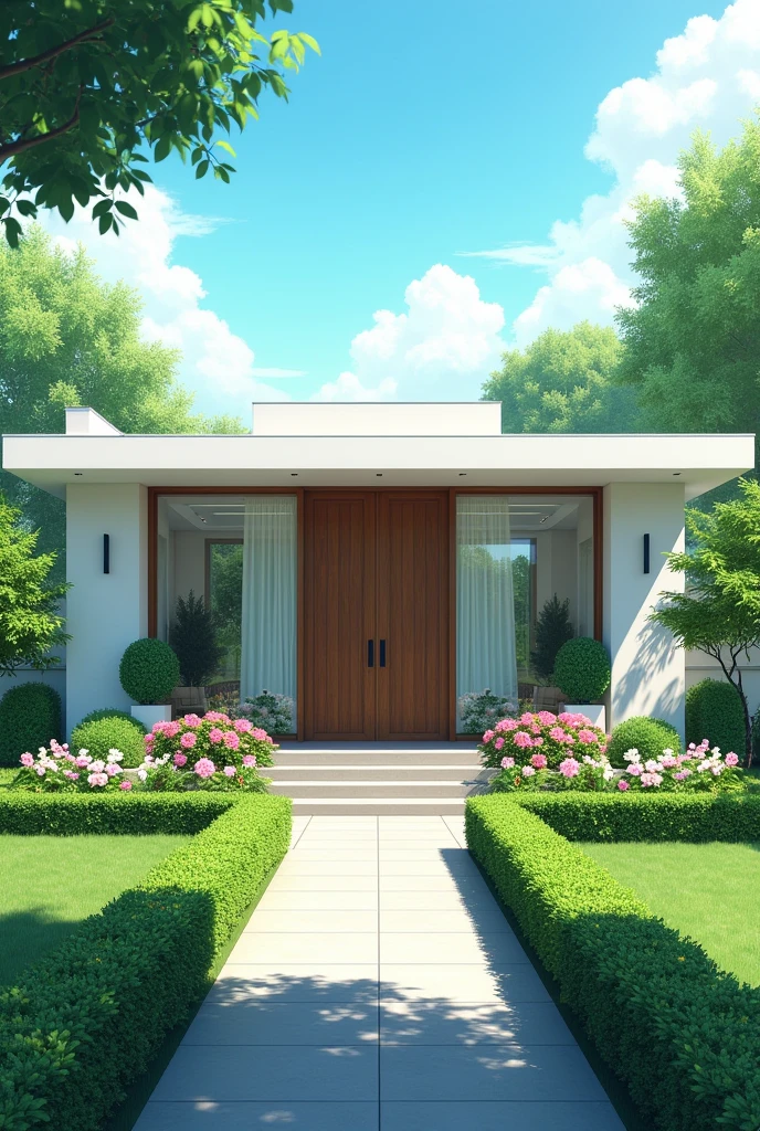 Generate a house in the anime theme, A one-story house, a somewhat wealthy house with wooden doors and windows, and the house is white. The house is modern.