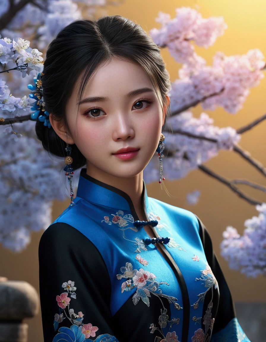 a girl, typical Chinese blue dress with long black sleeves, realistic face, 4k