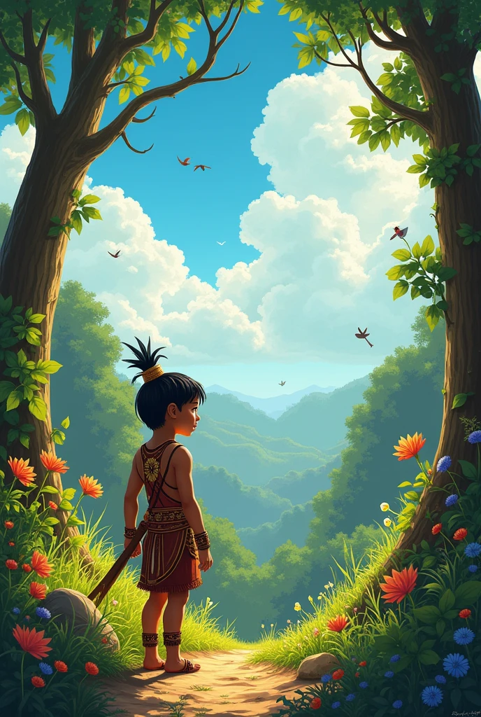a. He lived in a beautiful village, Surrounded by the forest and with a bright blue sky. The little Indian warrior,  He was known for being very brave and kind. He loved to help his friends and take care of the forest animals
