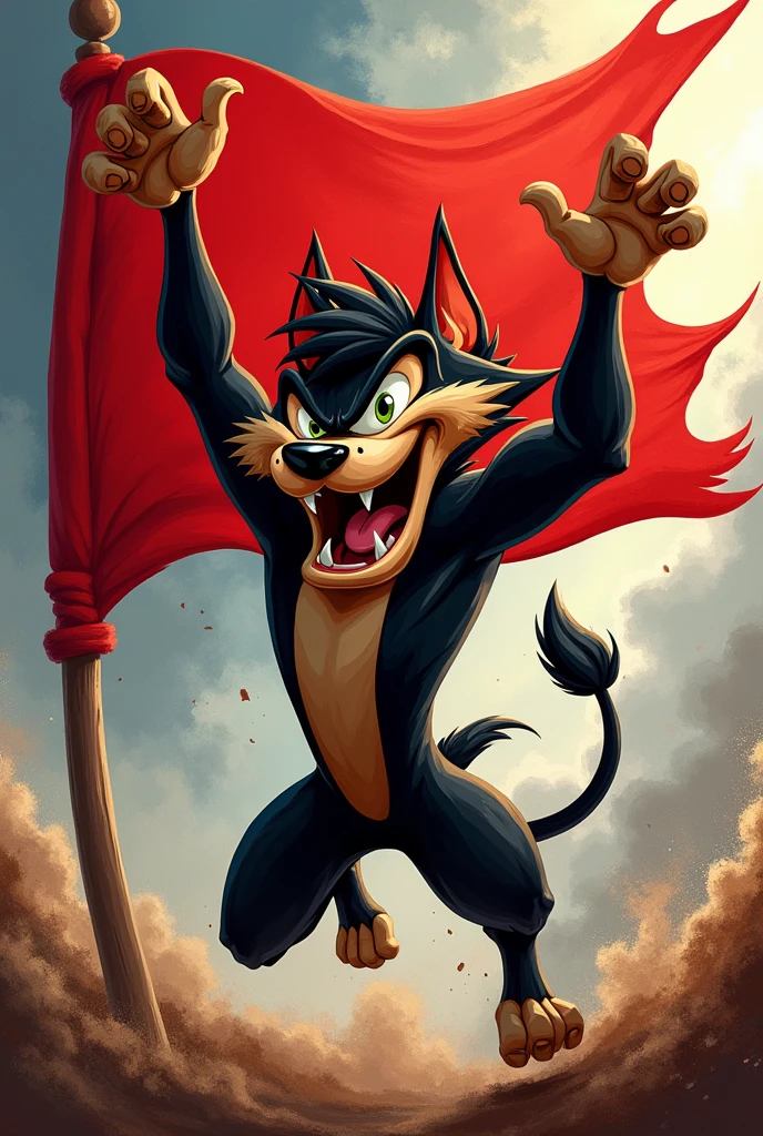 a cheering flag with Taz as the main element, with hurricane detail and in the colors red and black