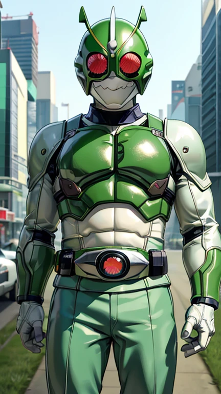 (8k),(masterpiece),(Japanese),(8-year-old boy),((innocent look)),((Childish)),From the front,smile,cute,Innocent,Kind eyes,Flat chest,green helmet,green domino mask, white mask, shrex, bald,no Hair,cyberpunk Tokyo City,Kamen rider, 